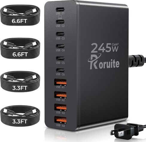 USB C Charging Station 10 Port with 4 Cables,245W GaN Charger Block | Type C Wall Charger Power Strip Adapter Plug for iPad iPhone17 16 15 14 13 12 Pro Max Pixel Note Galaxy Black in Saudi Arabia