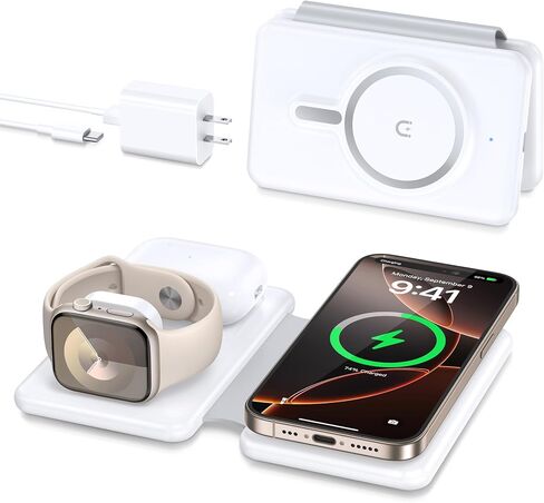 Charging Station for Apple Devices: Magnetic Wireless Charger for iPhone | Charges iPhone 17-12 Watch & AirPods Simultaneously,No Cable Clutter on Desk Bedside,Foldable Compact for Travel, 18W Adapter in Saudi Arabia