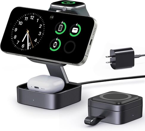 3 in 1 Wireless Charging Station for Apple Devices, Magnetic Foldable Travel Fast Charger Stand Compatible with MagSafe for iPhone Air/17/16/15/14/13/12 Series, Apple Watch & AirPods Pro/4/3/2-Black in Saudi Arabia