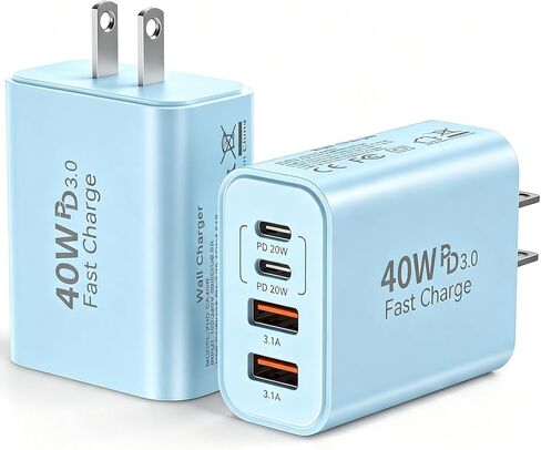 USB C Wall Fast Charger Block, 40W 4-Port Type C Charger Fast Charging Blocks PD Power Charger Adapter+QC 3.0 USB Multiport Charger Brick for iPhone 17/16/15/14/13/12 Pro Max, iPad, Galaxy S25-2Pack in Saudi Arabia