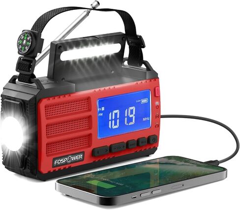 FosPower NOAA Emergency Weather Radio A1 7400mWh Portable Power Bank, AM/FM, USB/Solar/Hand Crank Charging, Battery Operated, SOS Alarm & Flashlight for Indoor/Outdoor Emergency - Orange in Saudi Arabia