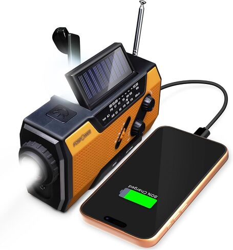 FosPower NOAA Emergency Weather Radio A1 7400mWh Portable Power Bank, AM/FM, USB/Solar/Hand Crank Charging, Battery Operated, SOS Alarm & Flashlight for Indoor/Outdoor Emergency - Orange in Saudi Arabia