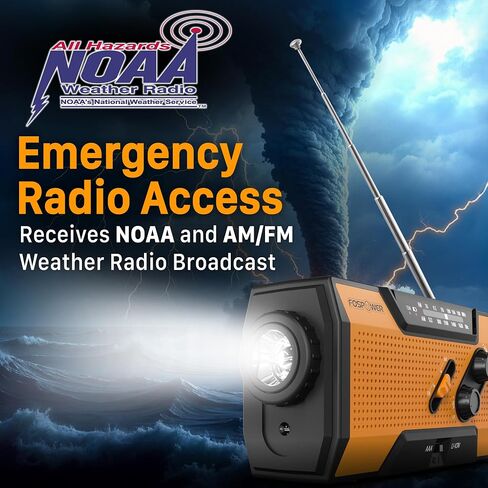 FosPower NOAA Emergency Weather Radio A1 7400mWh Portable Power Bank, AM/FM, USB/Solar/Hand Crank Charging, Battery Operated, SOS Alarm & Flashlight for Indoor/Outdoor Emergency - Orange in Saudi Arabia