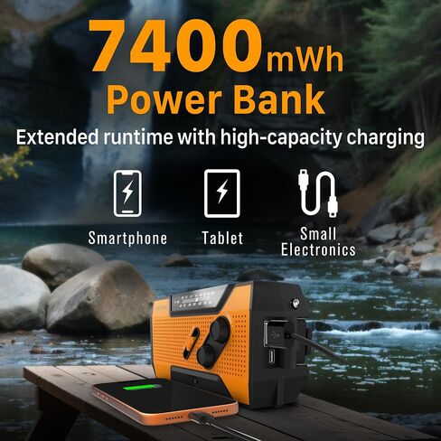 FosPower NOAA Emergency Weather Radio A1 7400mWh Portable Power Bank, AM/FM, USB/Solar/Hand Crank Charging, Battery Operated, SOS Alarm & Flashlight for Indoor/Outdoor Emergency - Orange in Saudi Arabia