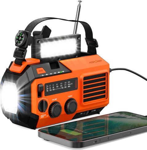 FosPower NOAA Emergency Weather Radio A1 7400mWh Portable Power Bank, AM/FM, USB/Solar/Hand Crank Charging, Battery Operated, SOS Alarm & Flashlight for Indoor/Outdoor Emergency - Orange in Saudi Arabia