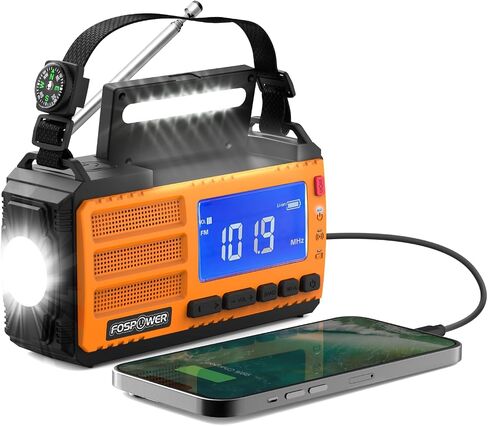 FosPower NOAA Emergency Weather Radio A1 7400mWh Portable Power Bank, AM/FM, USB/Solar/Hand Crank Charging, Battery Operated, SOS Alarm & Flashlight for Indoor/Outdoor Emergency - Orange in Saudi Arabia