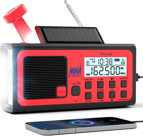 DreamSky Emergency Radio NOAA Weather Alert with Hand Crank | Radio Portable AM FM SW, 18500mWh Rechargeable Battery Operated, Solar Powered, SOS Alarm, Flashlight, Reading Lamp, USB Port in Saudi Arabia