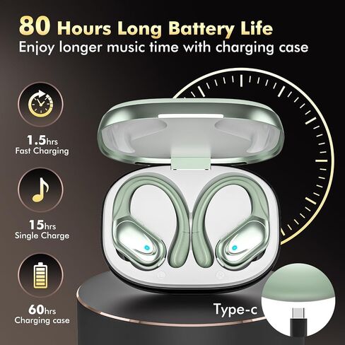 HAOYUYAN Wireless Earbuds, Sports Bluetooth Headphones, 80Hrs Playtime Ear Buds with LED Power Display, Noise Canceling Headset, IPX7 Waterproof Earphones for Workout/Running（Light Green） in Saudi Arabia