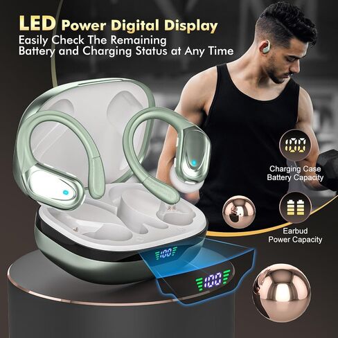 HAOYUYAN Wireless Earbuds, Sports Bluetooth Headphones, 80Hrs Playtime Ear Buds with LED Power Display, Noise Canceling Headset, IPX7 Waterproof Earphones for Workout/Running（Light Green） in Saudi Arabia