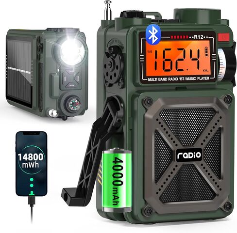 Greadio Portable Emergency Shortwave Radios, AM FM NOAA Weather Radio | 14800mWh Rechargeable with Bluetooth 5.4, Crank/Solar/USB Charging, USB/TF Playback, Charger Pack/SOS/Flashlight for Outdoor in Saudi Arabia