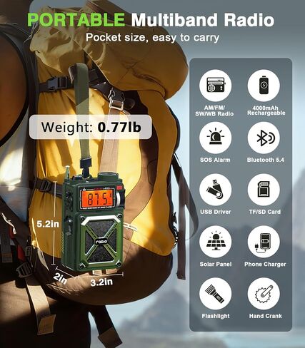 Greadio Portable Emergency Shortwave Radios, AM FM NOAA Weather Radio | 14800mWh Rechargeable with Bluetooth 5.4, Crank/Solar/USB Charging, USB/TF Playback, Charger Pack/SOS/Flashlight for Outdoor in Saudi Arabia