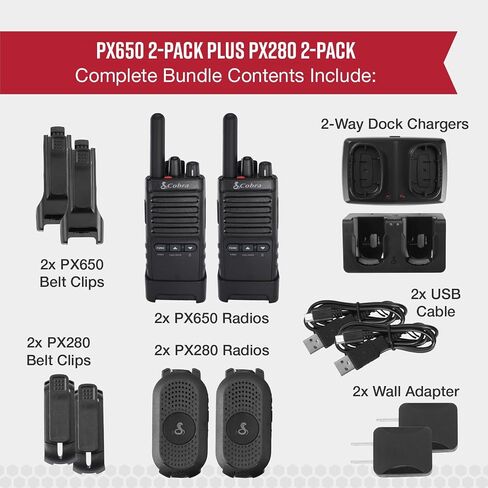 Cobra Business Radio Bundle – 4 Professional Walkie Talkies (2 PX280, 2 PX650) - Compact Long-Range Two-Way Radios, Dock Chargers, IP54 Durable, Rechargeable in Saudi Arabia