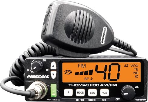 President Thomas FCC AM/FM CB Radio – 40 Channel, VOX Hands-Free, USB Port, ASC, Multi-Color LCD Display – 12/24V Compact Mobile Transceiver for Truckers & Off-Road Communication in Kuwait