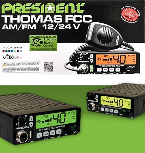 President Thomas FCC AM/FM CB Radio – 40 Channel, VOX Hands-Free, USB Port, ASC, Multi-Color LCD Display – 12/24V Compact Mobile Transceiver for Truckers & Off-Road Communication in Kuwait