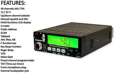 President Thomas FCC AM/FM CB Radio – 40 Channel, VOX Hands-Free, USB Port, ASC, Multi-Color LCD Display – 12/24V Compact Mobile Transceiver for Truckers & Off-Road Communication in Kuwait