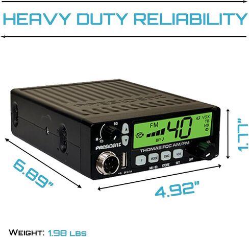 President Thomas FCC AM/FM CB Radio – 40 Channel, VOX Hands-Free, USB Port, ASC, Multi-Color LCD Display – 12/24V Compact Mobile Transceiver for Truckers & Off-Road Communication in Kuwait