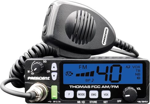 President Thomas FCC AM/FM CB Radio – 40 Channel, VOX Hands-Free, USB Port, ASC, Multi-Color LCD Display – 12/24V Compact Mobile Transceiver for Truckers & Off-Road Communication in Kuwait