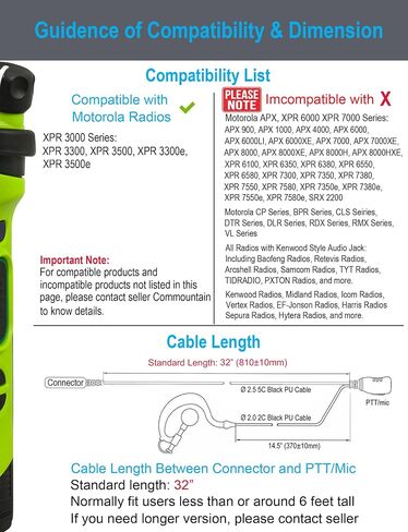 Commountain Earpiece for Motorola Radios R5, XPR 3500e, XPR 3300e | G-Shape Earhook Headset Fits Left or Right Ear, Noise Reducing PTT Mic, Reinforced Cable in Saudi Arabia