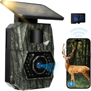 MAXDONE Solar Trail Camera WiFi Bluetooth, 4K 64MP Night Vision Game Camera | Built-in 6000mAh Rechargeable Battery, 0.1s Trigger, IP66 Waterproof Trail Cam with 32GB SD Card for Outdoor Backyard in Kuwait