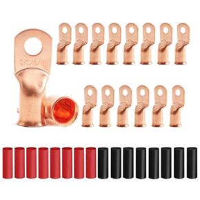 16Pcs 2 AWG 3/8" Stud Heavy Duty Tinned Copper Wire Lugs with 16Pcs Heat Shrink Tubing 2 Gauge Ring Terminals Battery Cable Ends Bare Copper for Car Boat Marine in Saudi Arabia