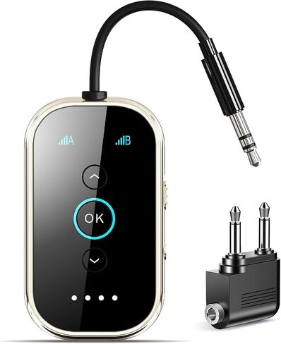 Bluetooth 5.4 Transmitter Receiver – Airplane/TV/Gym Wireless Audio Adapter | CNC metal & glass with Qualcomm aptX LL/HD, pairs with 2 AirPods/headphones for low-latency shared audio in Kuwait