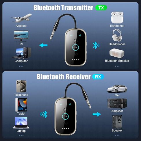 Bluetooth 5.4 Transmitter Receiver – Airplane/TV/Gym Wireless Audio Adapter | CNC metal & glass with Qualcomm aptX LL/HD, pairs with 2 AirPods/headphones for low-latency shared audio in Kuwait