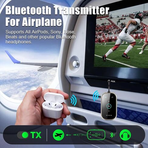 Bluetooth 5.4 Transmitter Receiver – Airplane/TV/Gym Wireless Audio Adapter | CNC metal & glass with Qualcomm aptX LL/HD, pairs with 2 AirPods/headphones for low-latency shared audio in Kuwait
