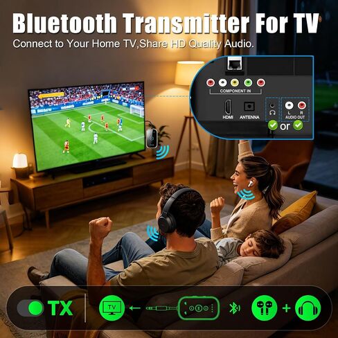 Bluetooth 5.4 Transmitter Receiver – Airplane/TV/Gym Wireless Audio Adapter | CNC metal & glass with Qualcomm aptX LL/HD, pairs with 2 AirPods/headphones for low-latency shared audio in Kuwait