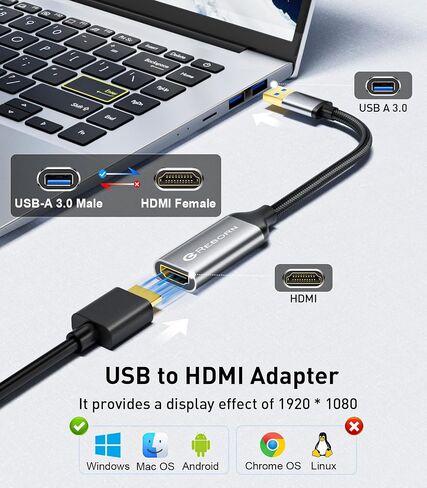 Reborn USB to HDMI Adapter, 1080P@60Hz for Macos Windows 7/8/10/11 | USB 3.0 Male to HDMI Female Audio & Video Converter Suitable for Laptop Desktop Monitor - Driver installation is required in Kuwait