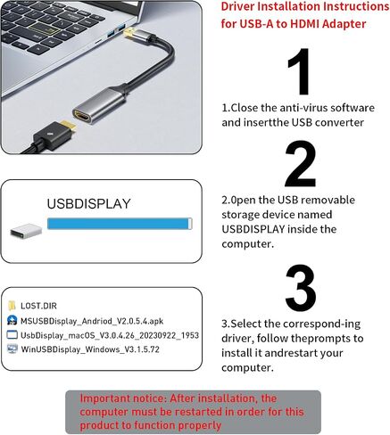 Reborn USB to HDMI Adapter, 1080P@60Hz for Macos Windows 7/8/10/11 | USB 3.0 Male to HDMI Female Audio & Video Converter Suitable for Laptop Desktop Monitor - Driver installation is required in Kuwait