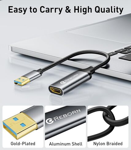 Reborn USB to HDMI Adapter, 1080P@60Hz for Macos Windows 7/8/10/11 | USB 3.0 Male to HDMI Female Audio & Video Converter Suitable for Laptop Desktop Monitor - Driver installation is required in Kuwait