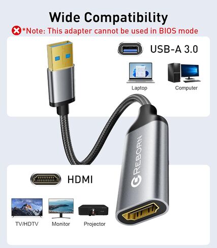 Reborn USB to HDMI Adapter, 1080P@60Hz for Macos Windows 7/8/10/11 | USB 3.0 Male to HDMI Female Audio & Video Converter Suitable for Laptop Desktop Monitor - Driver installation is required in Kuwait