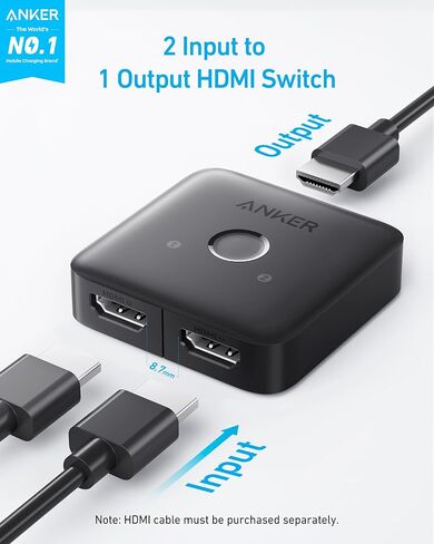 Anker HDMI Switch, 2 in 1 Out HDMI Switcher, Monitor Switch with 4K@60Hz | Smooth Finish, Supports HDR/3D/Dolby, for Laptops/PC/Xbox/PS5/PS4/Projector, and More in Kuwait