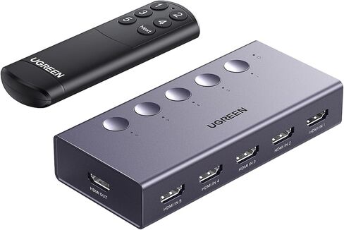 UGREEN HDMI Switch 5 in 1 Out، 4K @ 60 هرتز، مع جهاز تحكم عن بعد، HDR، VRR، ثلاثي الأبعاد، أسود | HDCP 2.2، CEC، مقسم HDMI، متوافق مع PS5/4، Xbox، Switch 2، Roku TV، Fire Stick، الكمبيوتر المحمول، مثالي للألعاب والعمل in Kuwait