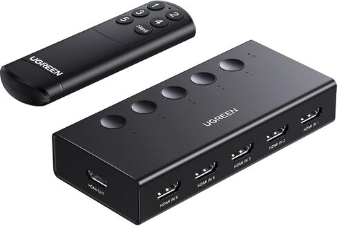 UGREEN HDMI Switch 5 in 1 Out، 4K @ 60 هرتز، مع جهاز تحكم عن بعد، HDR، VRR، ثلاثي الأبعاد، أسود | HDCP 2.2، CEC، مقسم HDMI، متوافق مع PS5/4، Xbox، Switch 2، Roku TV، Fire Stick، الكمبيوتر المحمول، مثالي للألعاب والعمل in Kuwait