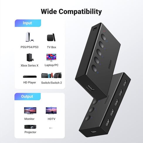 UGREEN HDMI Switch 5 in 1 Out، 4K @ 60 هرتز، مع جهاز تحكم عن بعد، HDR، VRR، ثلاثي الأبعاد، أسود | HDCP 2.2، CEC، مقسم HDMI، متوافق مع PS5/4، Xbox، Switch 2، Roku TV، Fire Stick، الكمبيوتر المحمول، مثالي للألعاب والعمل in Kuwait