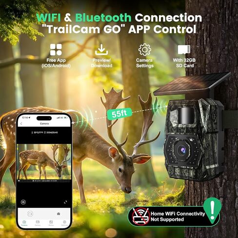 MAXDONE Solar Trail Camera WiFi Bluetooth, 4K 64MP Night Vision Game Camera | Built-in 6000mAh Rechargeable Battery, 0.1s Trigger, IP66 Waterproof Trail Cam with 32GB SD Card for Outdoor Backyard in Kuwait