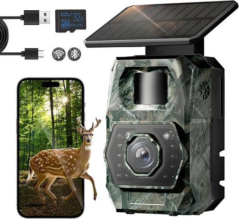 Trail Cameras with Night Vision Motion Activated - WiFi Bluetooth 4K 64MP ﻿ | Solar Game Camera, IP66 Waterproof, with 6000mAh Battery and 32GB Memory Card Cameras for Outdoor and Backyard in Kuwait