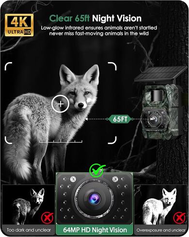 Trail Cameras with Night Vision Motion Activated - WiFi Bluetooth 4K 64MP ﻿ | Solar Game Camera, IP66 Waterproof, with 6000mAh Battery and 32GB Memory Card Cameras for Outdoor and Backyard in Kuwait