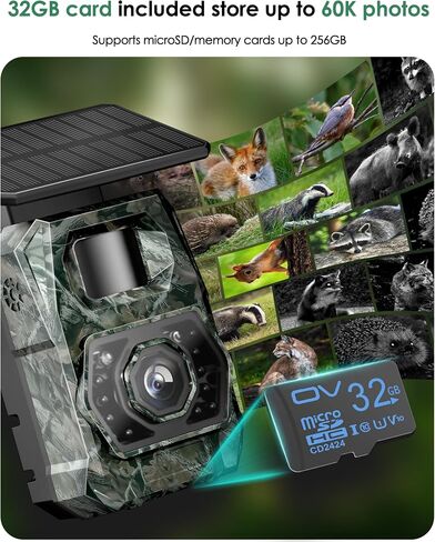 Trail Cameras with Night Vision Motion Activated - WiFi Bluetooth 4K 64MP ﻿ | Solar Game Camera, IP66 Waterproof, with 6000mAh Battery and 32GB Memory Card Cameras for Outdoor and Backyard in Kuwait