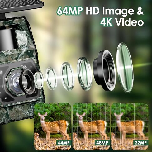 Trail Cameras with Night Vision Motion Activated - WiFi Bluetooth 4K 64MP ﻿ | Solar Game Camera, IP66 Waterproof, with 6000mAh Battery and 32GB Memory Card Cameras for Outdoor and Backyard in Kuwait