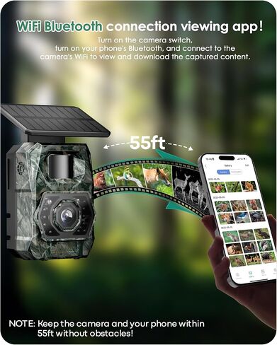 Trail Cameras with Night Vision Motion Activated - WiFi Bluetooth 4K 64MP ﻿ | Solar Game Camera, IP66 Waterproof, with 6000mAh Battery and 32GB Memory Card Cameras for Outdoor and Backyard in Kuwait