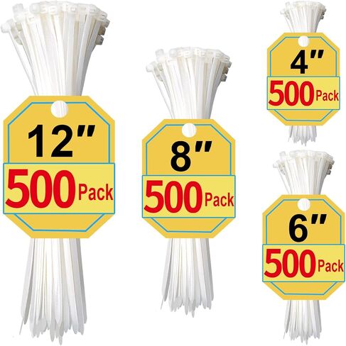 White Zip Ties Assorted Sizes 4+6+8+12 Inch, 400 Pack, Clear Zip Ties, White Cable Ties, Zipties Clear, UV Resistant Wire Ties, Plastic Ties, Tie Wraps Assorted Sizes, SiKuLin in Kuwait
