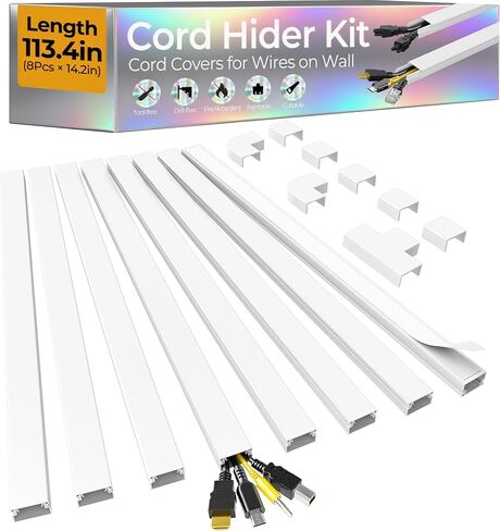 113.4in Cord Hider Kit, Cord Covers for 2-4 Wires on Wall, Self-Adhesive Cable Hider Wire Covers for Cords on Wall, Paintable Cord Hider for Walls Mount Tv, Cable Cover Raceway, W0.95 H0.55in, White in Saudi Arabia