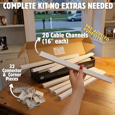 Cord Cover Full Kit, 26ft/315in Self-Adhesive Cable Raceway, 20 Snap-On Channels, Wire Hider for TV, HDMI & Speaker Cables, Includes Connectors & Corners, Paintable Cable Management, White in Saudi Arabia