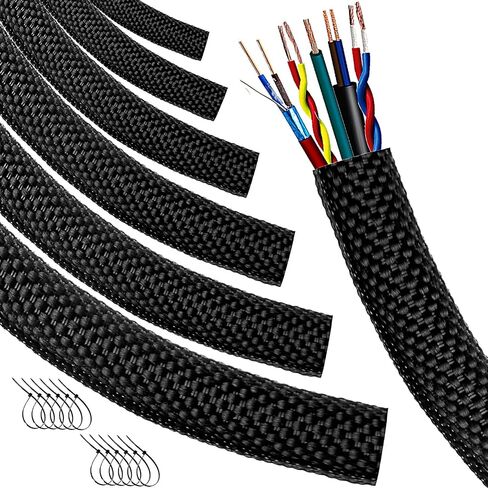Automotive Wire Loom High Temperature Braided Wire Loom, Split-Sleeve Heat Resistant Wiring Loom Cord Cover for Harness Wires, Self-Wrapping Heavy Duty Sheathing Cable Management Black（20ft-1/4inch ） in Saudi Arabia