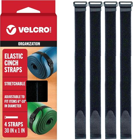 VELCRO Brand Elastic Cinch Straps with Buckle, 15in x 1in, Black, 4 Pack | Stretchable And Adjustable For A Snug Fit; Fastens Lumber, Yoga Mats, Tools, Camping Equipment, And Bulky Gear in Saudi Arabia