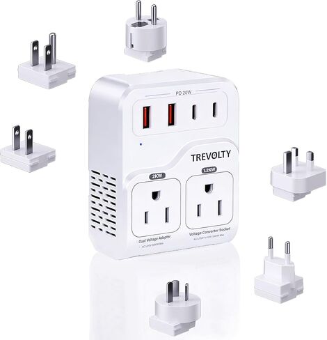 2000W Voltage Converter US to Europe for Hair Dryers, 220V to 110V Converter for European Travel with 3 AC/2 USBA/2 USBC Ports (PD20W), 7-in-1 European Travel Adapter in Kuwait
