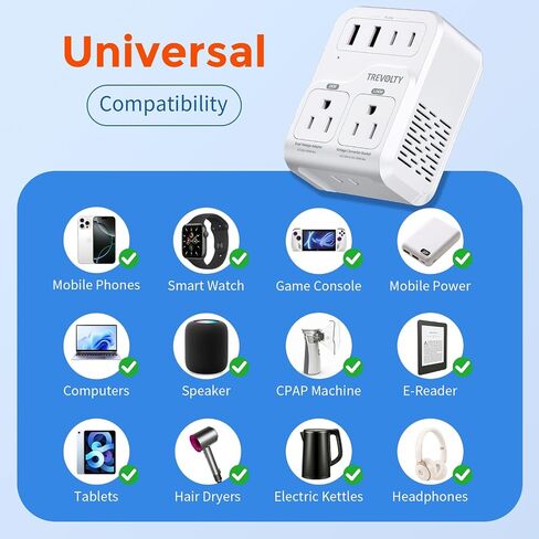 2000W Voltage Converter US to Europe for Hair Dryers, 220V to 110V Converter for European Travel with 3 AC/2 USBA/2 USBC Ports (PD20W), 7-in-1 European Travel Adapter in Kuwait
