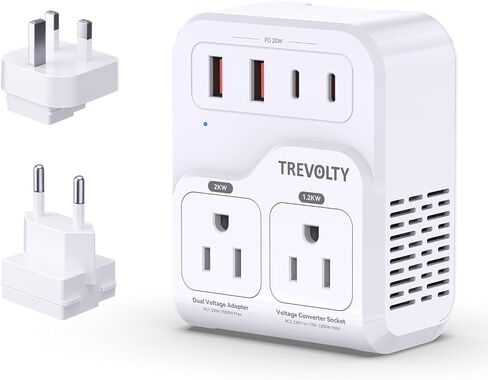 2000W Voltage Converter US to Europe for Hair Dryers, 7-in-1 220V to 110V Converter for European Travel with 3 AC/2 USBA/2 USBC Ports (PD20W), Universal Travel Adapter with Type C G Plug (White) in Kuwait